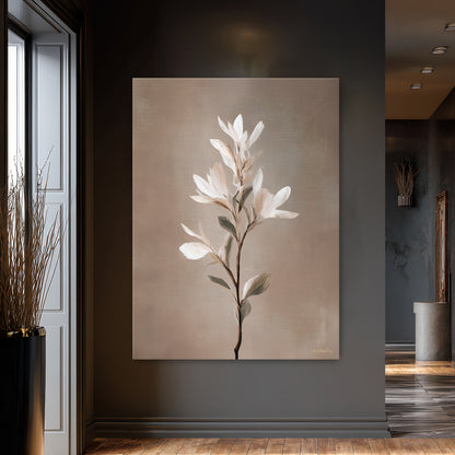 Gallery-wrapped stretched canvas featuring a tall slender stem with soft white and blush petals and sage leaves against a warm taupe background, ready to hang
