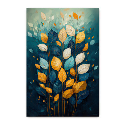 Gallery-wrapped stretched canvas with gold, navy and ivory leaves on copper stems against a deep teal background — vibrant leaf wall art ready to hang