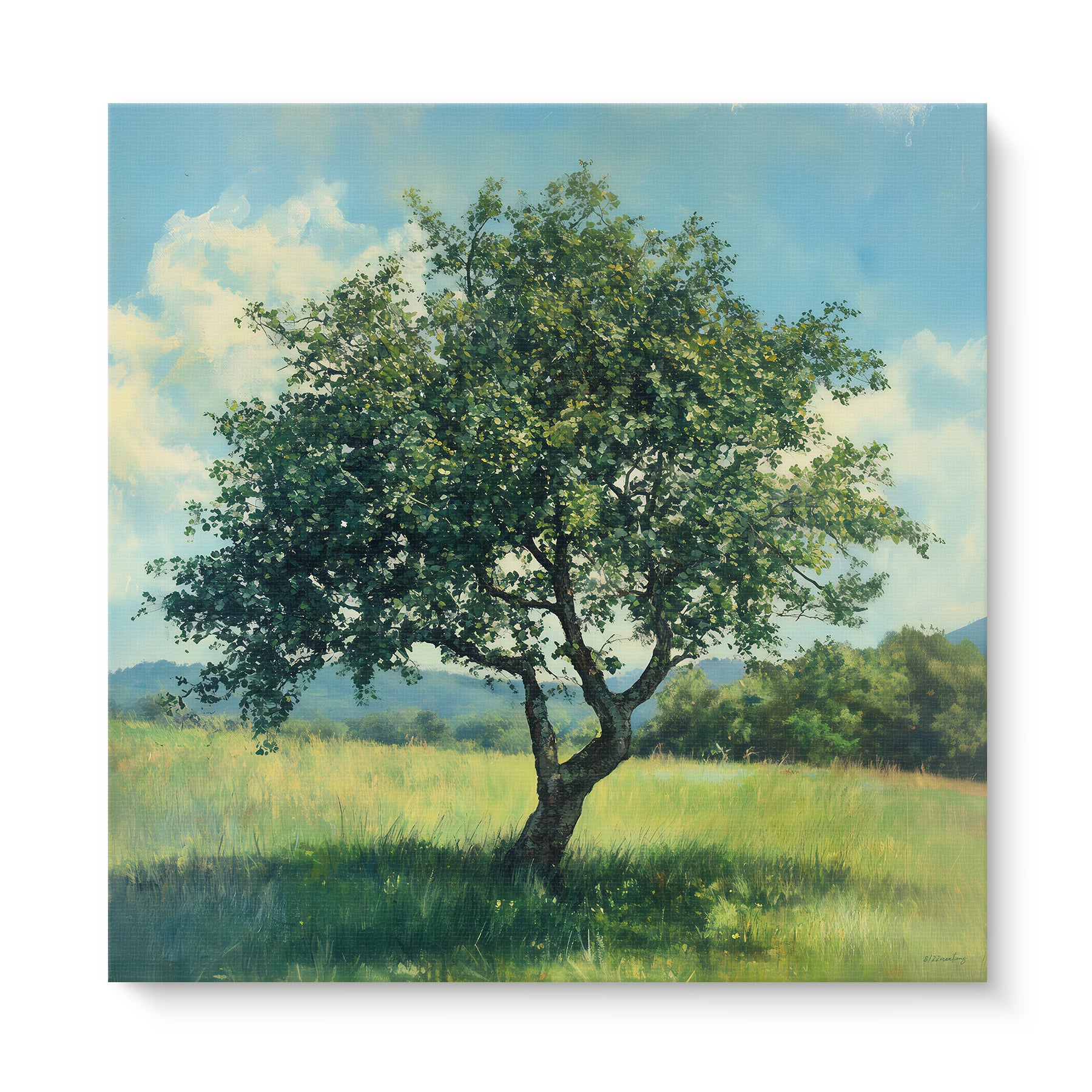 Gallery-wrapped stretched canvas of a solitary full-canopy tree in a bright green meadow with blue sky and rolling hills — nature wall art ready to hang