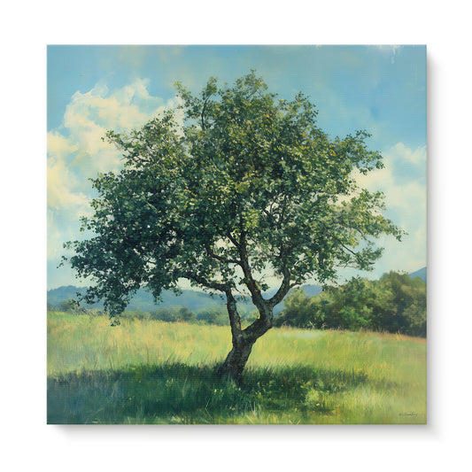 Gallery-wrapped stretched canvas of a solitary full-canopy tree in a bright green meadow with blue sky and rolling hills — nature wall art ready to hang