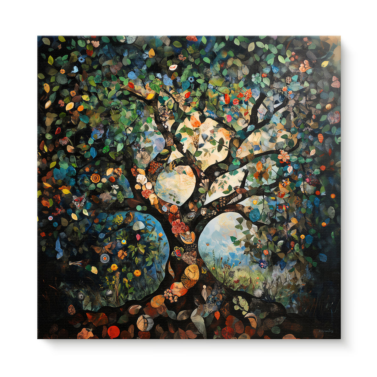 Tree of Life gallery-wrapped stretched canvas with multicoloured leaves, flowers and butterflies against dark branches and a glowing centre — vibrant nature wall art ready to hang