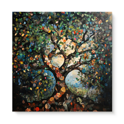 Tree of Life gallery-wrapped stretched canvas with multicoloured leaves, flowers and butterflies against dark branches and a glowing centre — vibrant nature wall art ready to hang