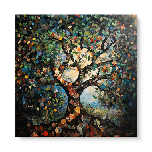 Tree of Life gallery-wrapped stretched canvas with multicoloured leaves, flowers and butterflies against dark branches and a glowing centre — vibrant nature wall art ready to hang