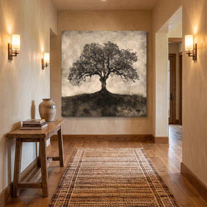 Gallery-wrapped stretched canvas of a solitary sepia-toned oak tree on a hillside with sprawling branches against a hazy sky — timeless vintage tree wall art ready to hang