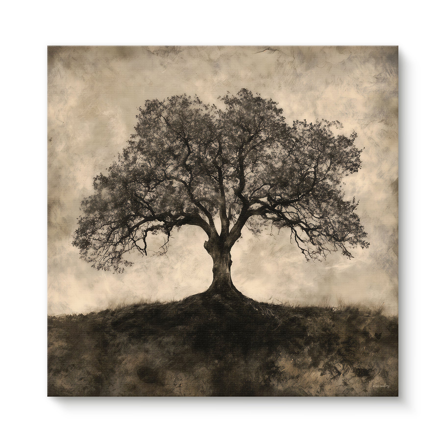 Rolled canvas print of a solitary sepia-toned oak tree on a hillside with sprawling branches against a hazy sky — timeless vintage tree wall art