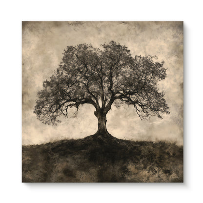 Rolled canvas print of a solitary sepia-toned oak tree on a hillside with sprawling branches against a hazy sky — timeless vintage tree wall art